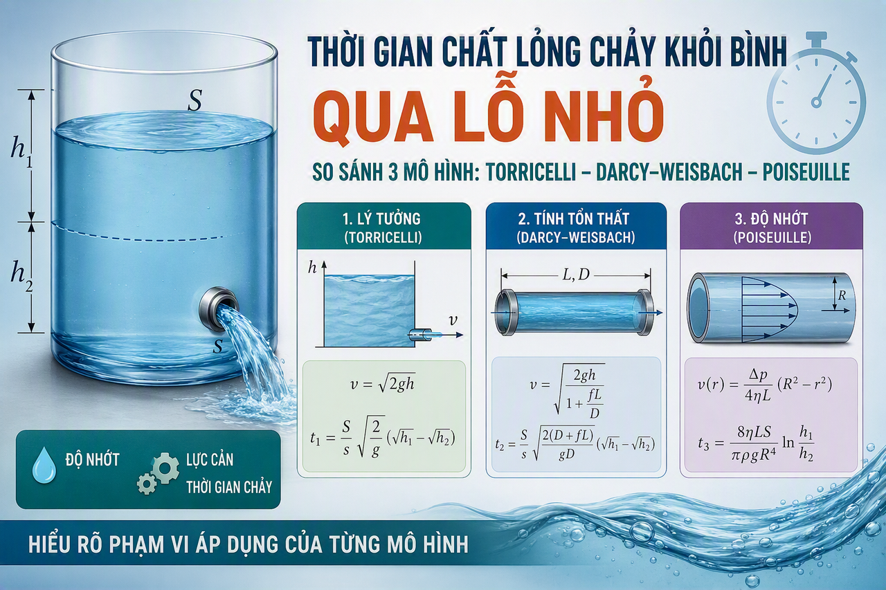 Một bài toán cơ học chất lưu: Tính thời gian chất lỏng chảy khỏi bình qua lỗ nhỏ